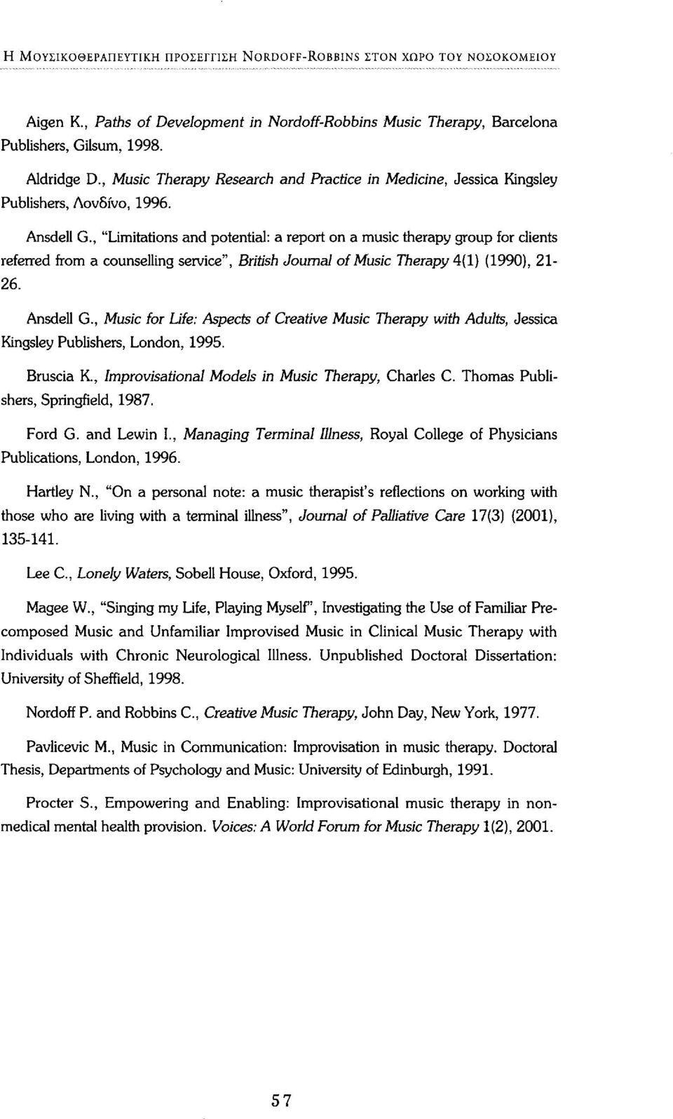 , "Limitations and potential: a report on a music therapy group for clients referred from a counselling service", British Journal of Music Therapy 4(1) (1990), 21-26. Ansdell G.