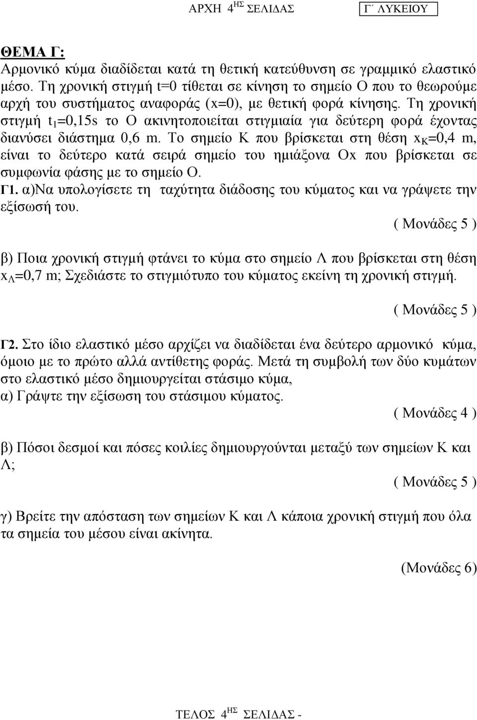 Τη χρονική στιγμή t 1 =0,15s το Ο ακινητοποιείται στιγμιαία για δεύτερη φορά έχοντας διανύσει διάστημα 0,6 m.