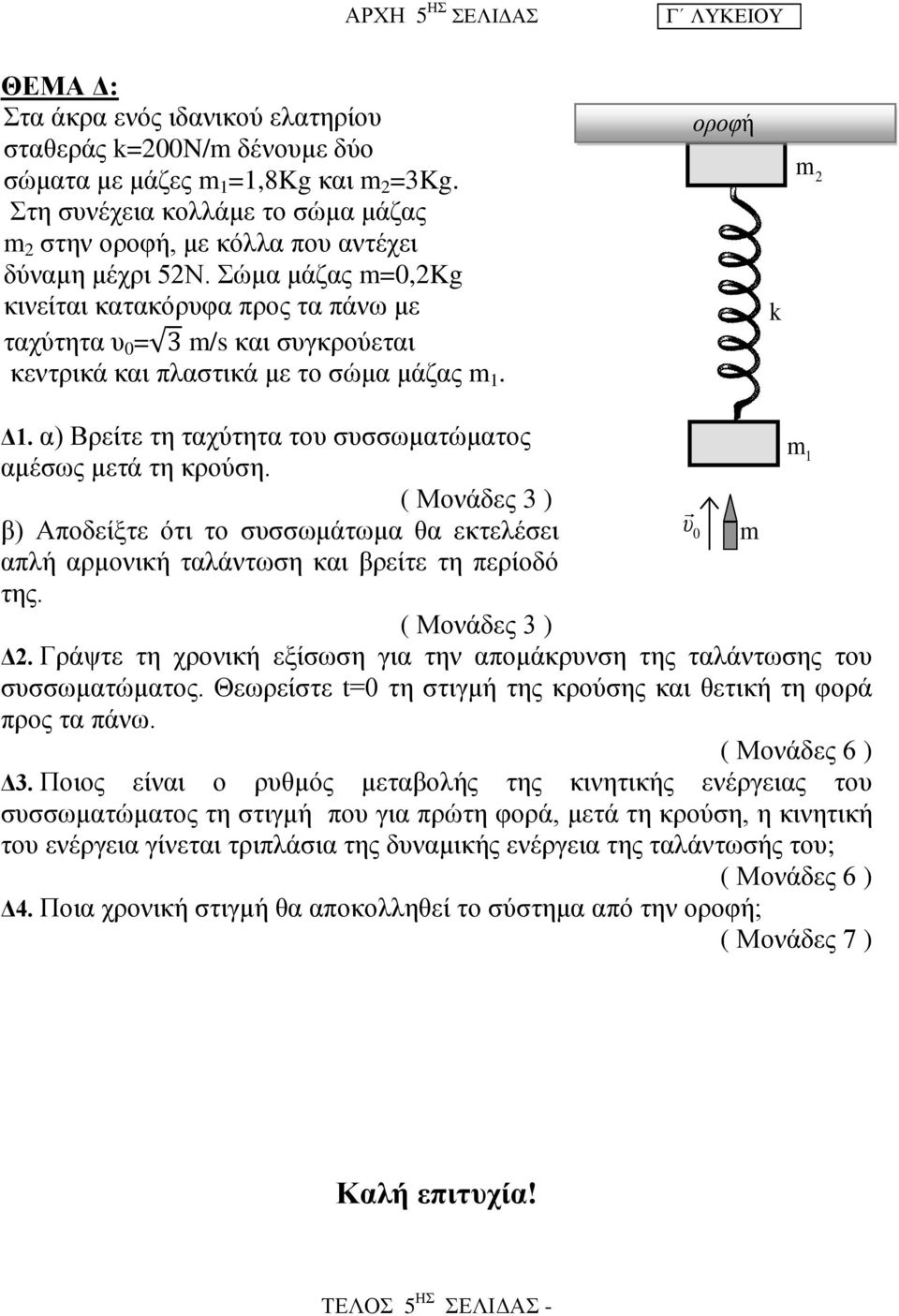 Σώμα μάζας m=0,2kg κινείται κατακόρυφα προς τα πάνω με ταχύτητα υ 0 = m/s και συγκρούεται κεντρικά και πλαστικά με το σώμα μάζας m 1. οροφή k m 2 Δ1.