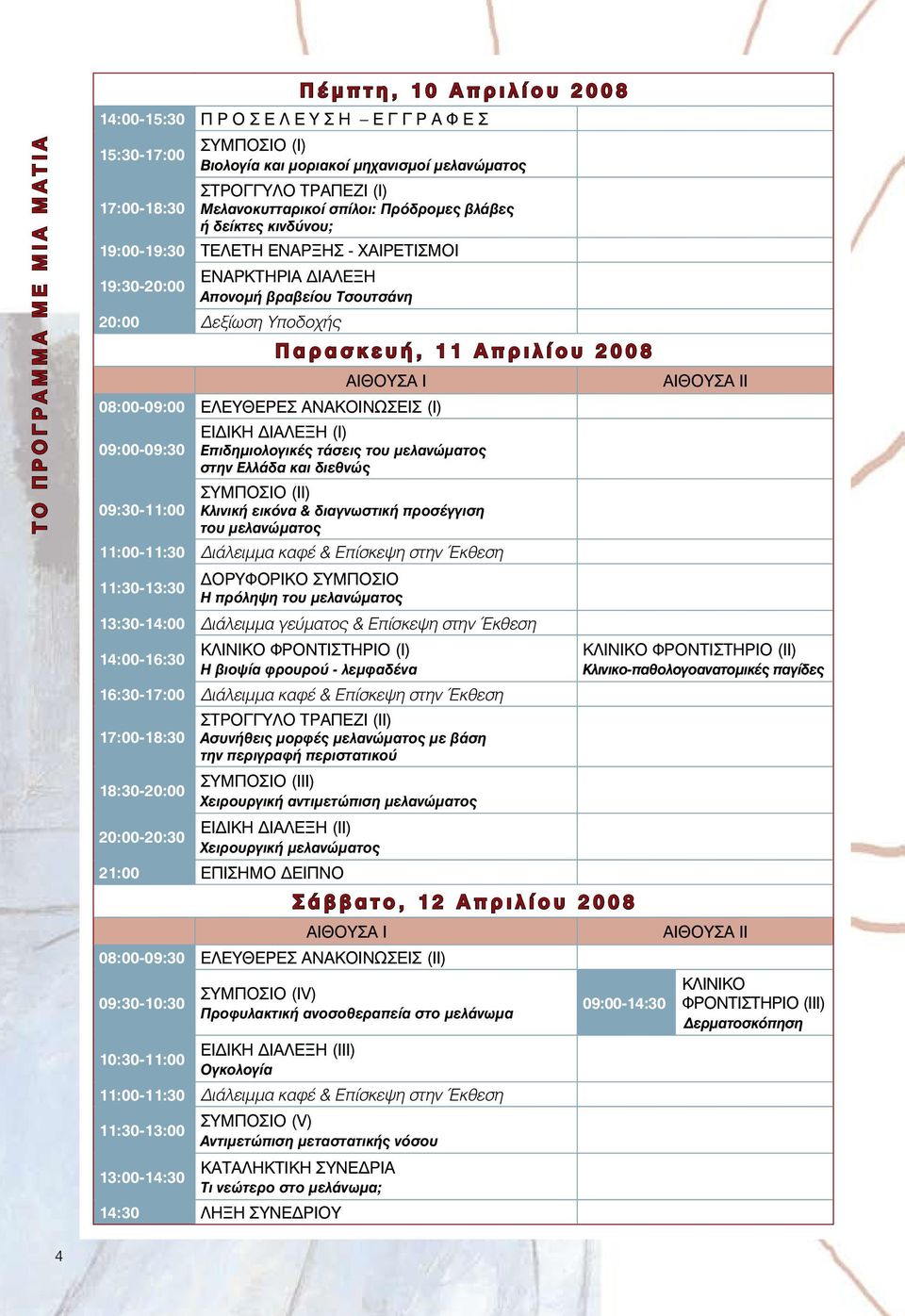 Παρασκευή, 11 Απριλίου 2008 ΑΙΘΟΥΣΑ Ι 08:00-09:00 ΕΛΕΥΘΕΡΕΣ ΑΝΑΚΟΙΝΩΣΕΙΣ (Ι) ΕΙΔΙΚΗ ΔΙΑΛΕΞΗ (I) 09:00-09:30 Επιδημιολογικές τάσεις του μελανώματος στην Ελλάδα και διεθνώς ΣΥΜΠΟΣΙΟ (II) 09:30-11:00