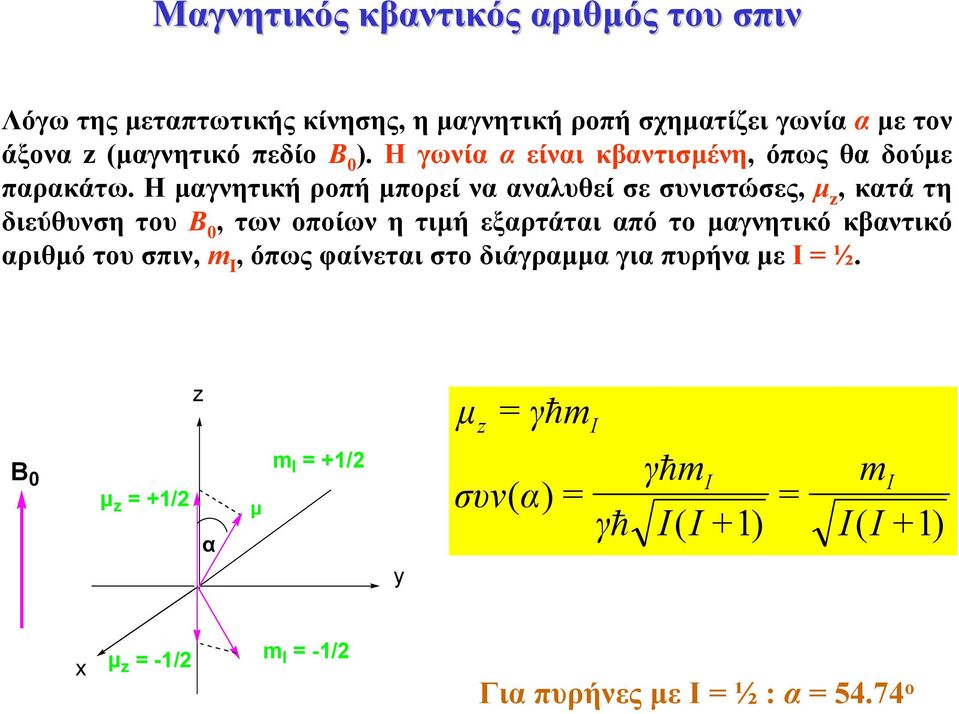 Η µαγνητική ροπή µπορεί να αναλυθεί σε συνιστώσες, µ z, κατά τη διεύθυνση του Β, των οποίων η τιµή εξαρτάται από το µαγνητικό