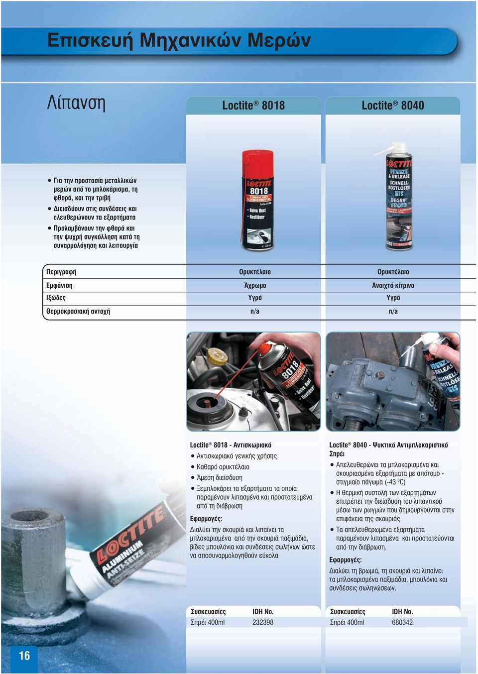 Loctite 8018 - Αντισκωριακό Αντισκωριακό γενικής χρήσης Καθαρό ορυκτέλαιο Άμεση διείσδυση Ξεμπλοκάρει τα εξαρτήματα τα οποία παραμένουν λιπασμένα και προστατευμένα από τη διάβρωση Διαλύει την σκουριά