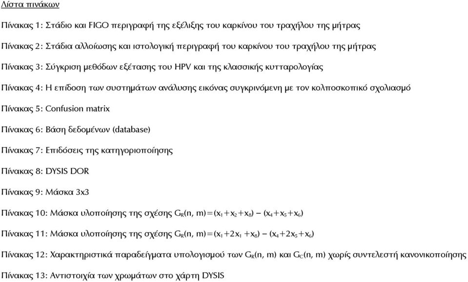 Πίνακας 6: Βάση δεδομένων (database) Πίνακας 7: Επιδόσεις της κατηγοριοποίησης Πίνακας 8: DYSIS DOR Πίνακας 9: Μάσκα 3x3 Πίνακας 10: Μάσκα υλοποίησης της σχέσης GR(n, m)=(x1+x2+x8) (x4+x5+x6) Πίνακας