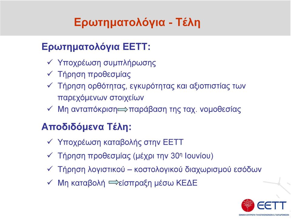 ταχ. νομοθεσίας Αποδιδόμενα Τέλη: Υποχρέωση καταβολής στην ΕΕΤΤ Τήρηση προθεσμίας (μέχρι την
