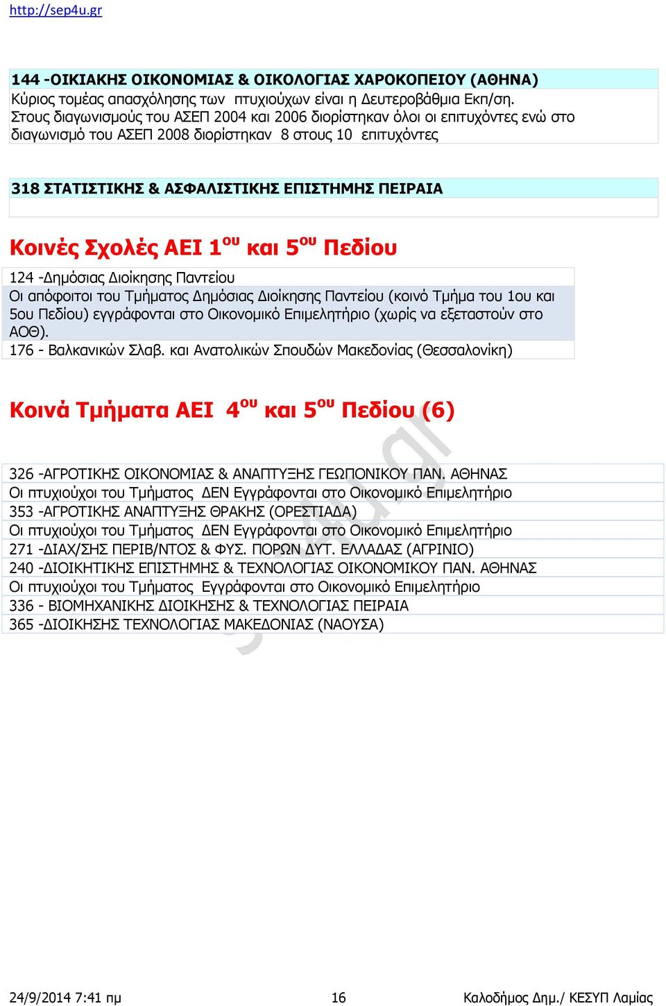 Σχολές ΑΕΙ 1 ου και 5 ου Πεδίου 124 -Δημόσιας Διοίκησης Παντείου Οι απόφοιτοι του Τμήματος Δημόσιας Διοίκησης Παντείου (κοινό Τμήμα του 1ου και 5ου Πεδίου) εγγράφονται στο Οικονομικό Επιμελητήριο