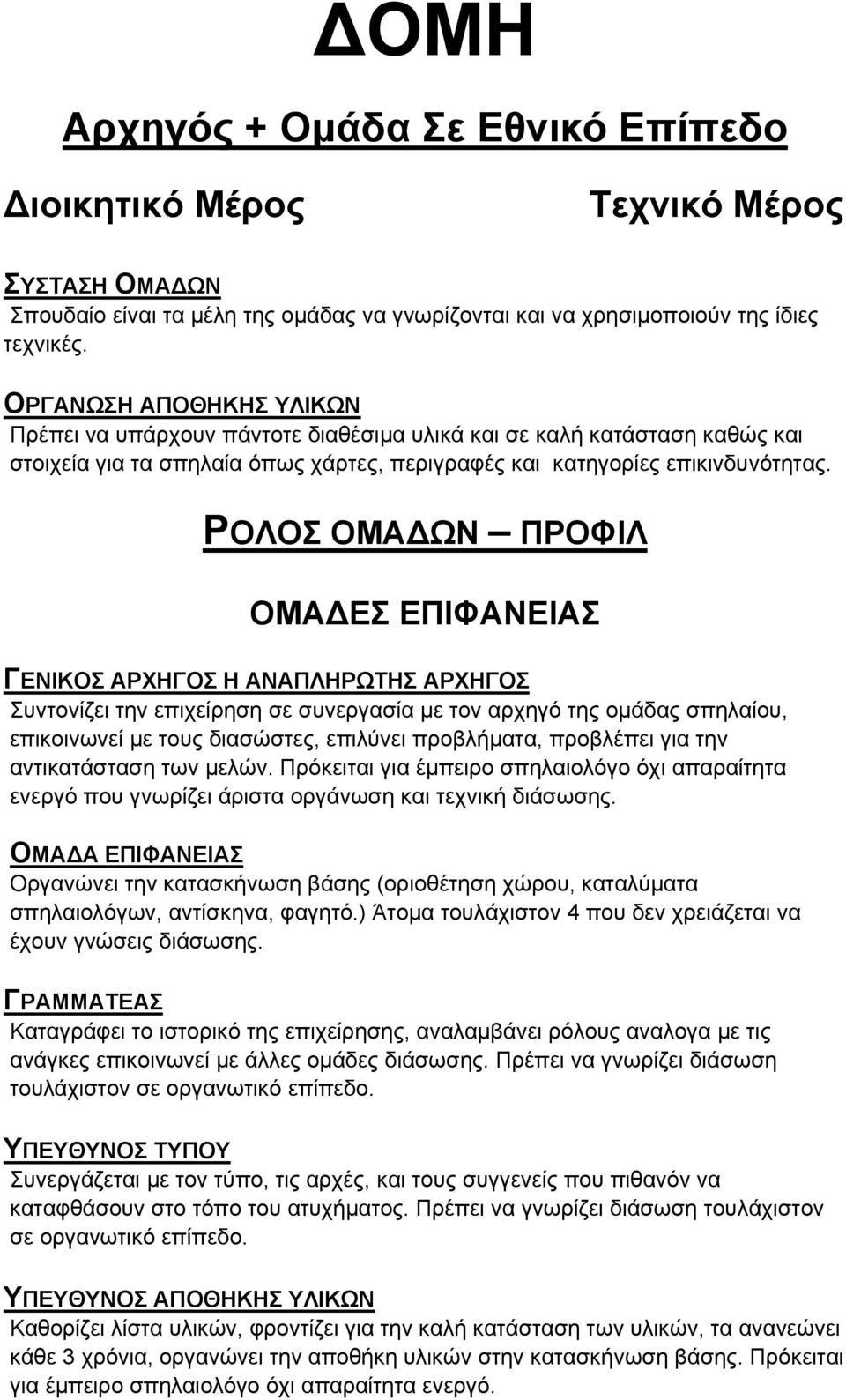 ΡΟΛΟΣ ΟΜΑΔΩΝ ΠΡΟΦΙΛ ΟΜΑΔΕΣ ΕΠΙΦΑΝΕΙΑΣ ΓΕΝΙΚΟΣ ΑΡΧΗΓΟΣ Η ΑΝΑΠΛΗΡΩΤΗΣ ΑΡΧΗΓΟΣ Συντονίζει την επιχείρηση σε συνεργασία με τον αρχηγό της ομάδας σπηλαίου, επικοινωνεί με τους διασώστες, επιλύνει