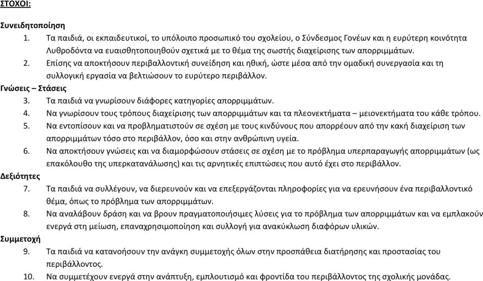 2. Επίσης να αποκτήσουν περιβαλλοντική συνείδηση και ηθική, ώστε μέσα από την ομαδική συνεργασία και τη συλλογική εργασία να βελτιώσουν το ευρύτερο περιβάλλον. Γνώσεις Στάσεις 3.