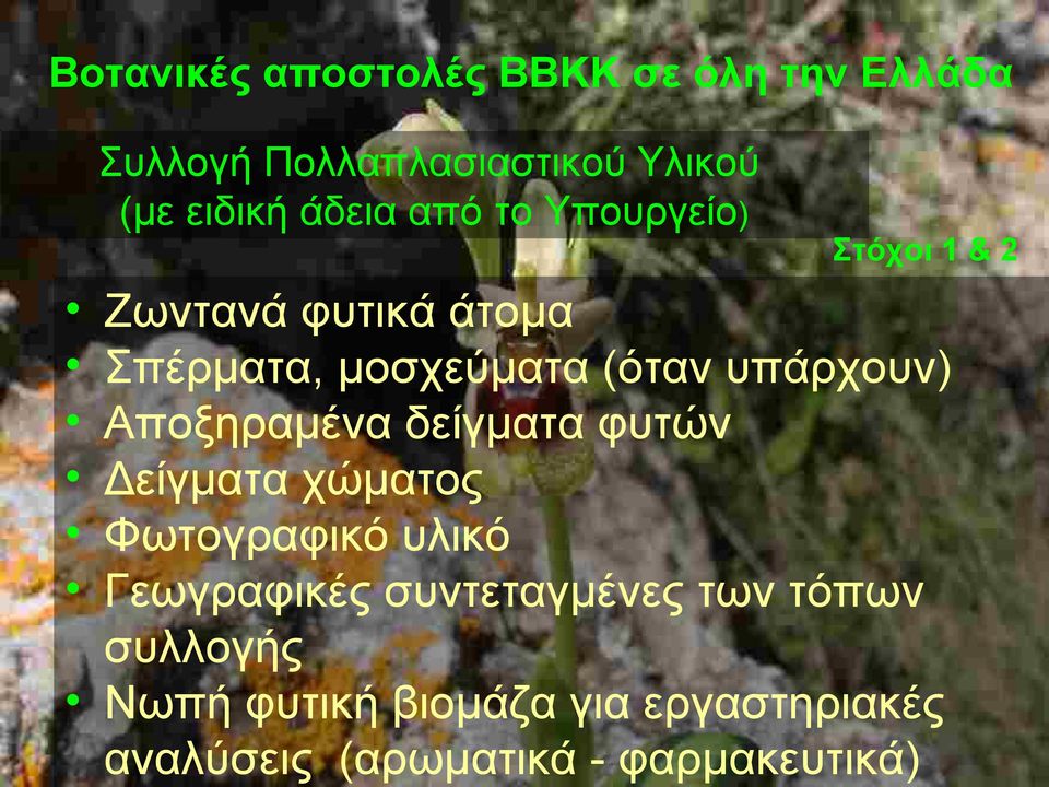 υπάρχουν) Αποξηραμένα δείγματα φυτών Δείγματα χώματος Φωτογραφικό υλικό Γεωγραφικές