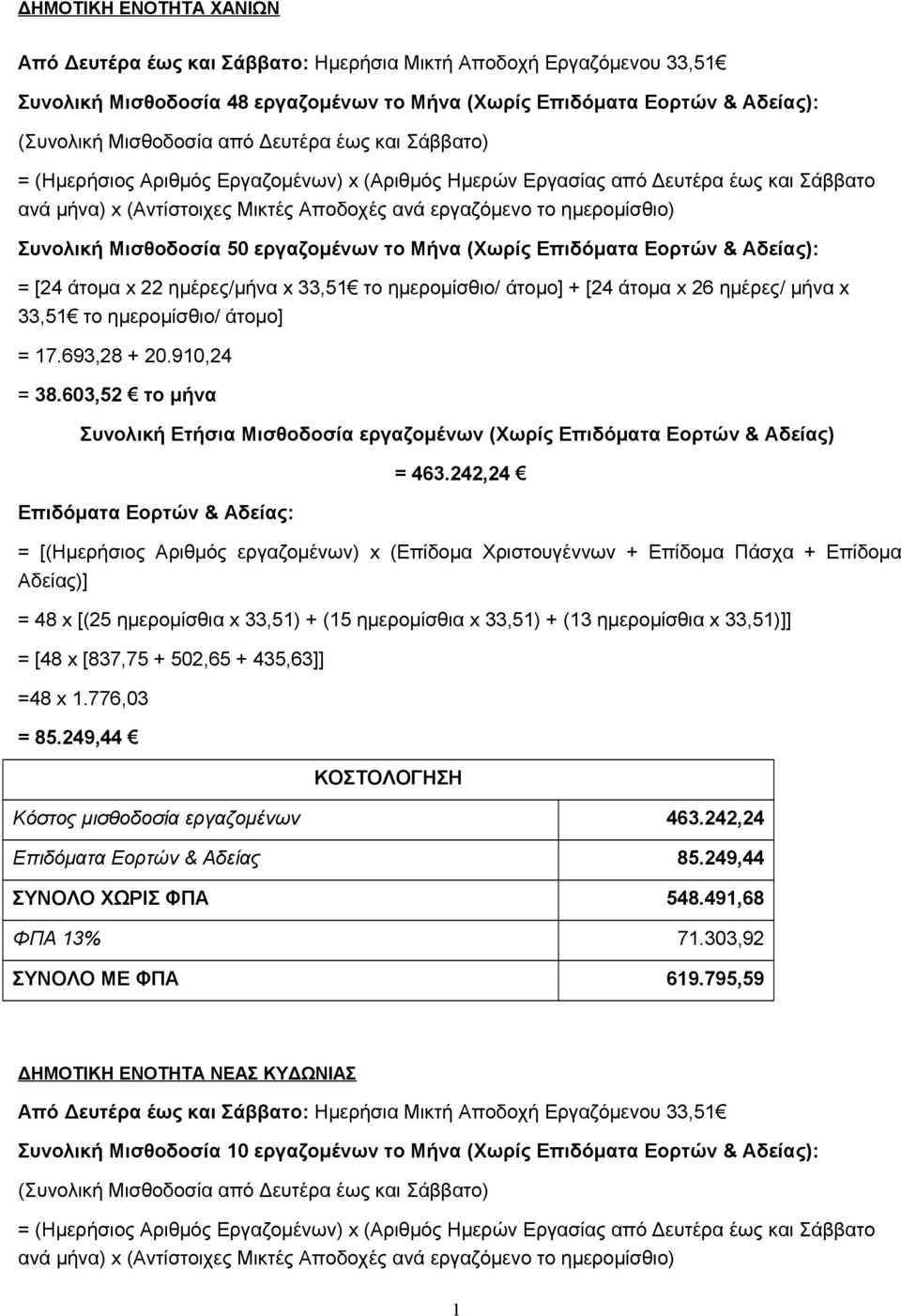 Μισθοδοσία 50 εργαζομένων το Μήνα (Χωρίς Επιδόματα Εορτών & Αδείας): = [24 άτομα x 22 ημέρες/μήνα x 33,5 το ημερομίσθιο/ άτομο] + [24 άτομα x 26 ημέρες/ μήνα x 33,5 το ημερομίσθιο/ άτομο] = 7.