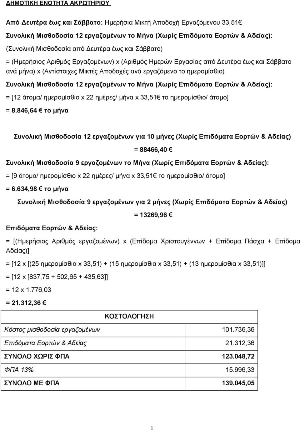 Μισθοδοσία 2 εργαζομένων το Μήνα (Χωρίς Επιδόματα Εορτών & Αδείας): = [2 άτομα/ ημερομίσθιο x 22 ημέρες/ μήνα x 33,5 το ημερομίσθιο/ άτομο] = 8.