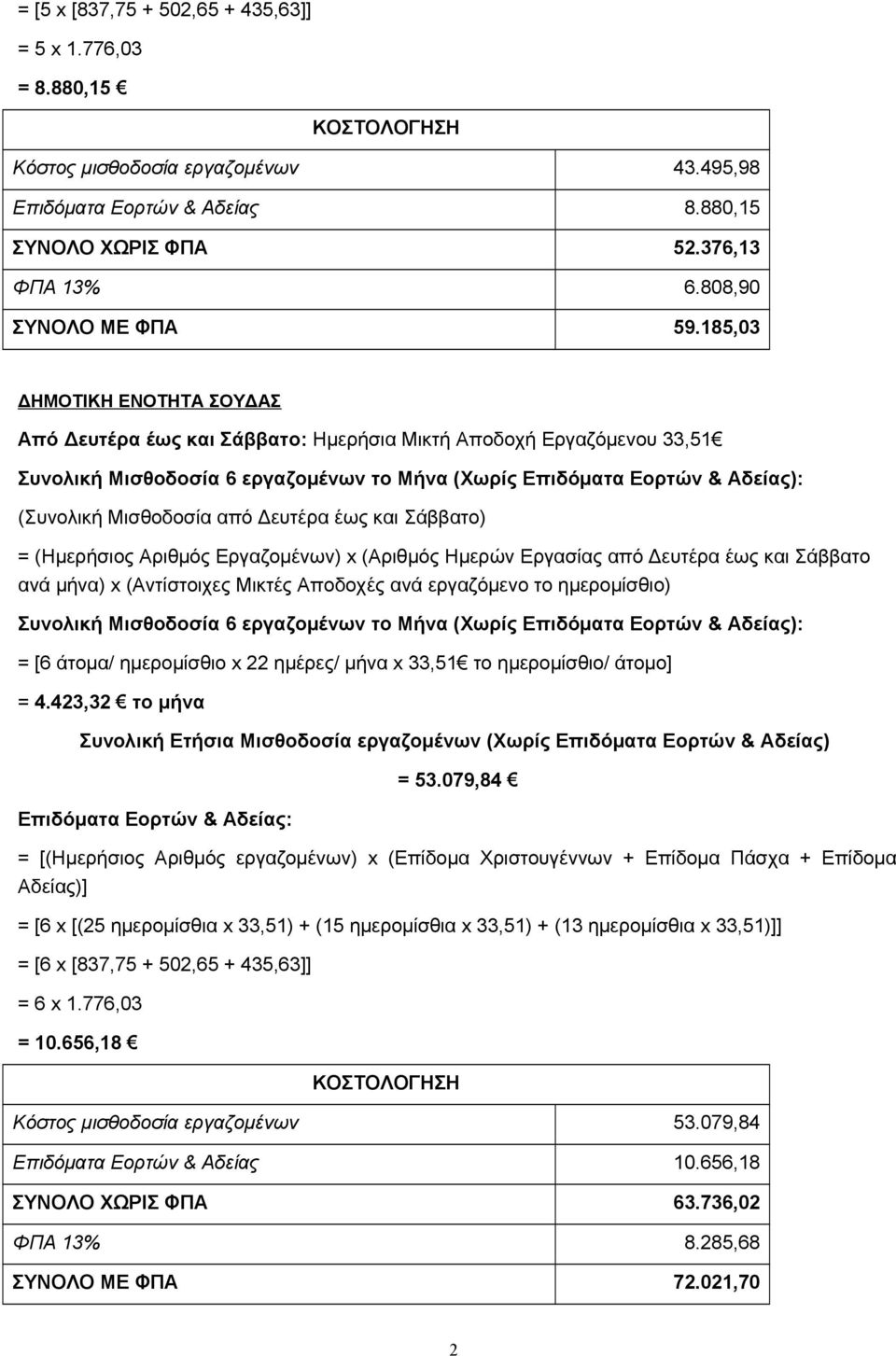 85,03 ΔΗΜΟΤΙΚΗ ΕΝΟΤΗΤΑ ΣΟΥΔΑΣ Από Δευτέρα έως και Σάββατο: Ημερήσια Μικτή Αποδοχή Εργαζόμενου 33,5 Συνολική Μισθοδοσία 6 εργαζομένων το Μήνα (Χωρίς Επιδόματα Εορτών & Αδείας): (Συνολική Μισθοδοσία