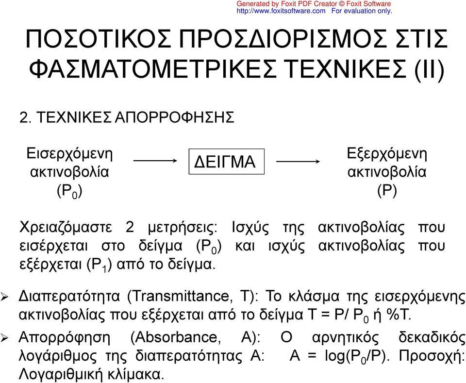 2 μετρήσεις: Ισχύς της ακτινοβολίας που εισέρχεται στο δείγμα (Ρ 0 ) και ισχύς ακτινοβολίας που εξέρχεται (Ρ 1 ) από το δείγμα.