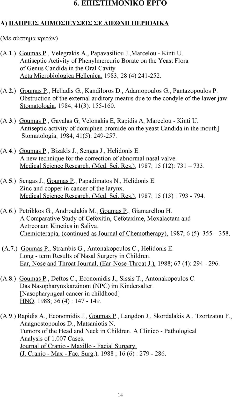 , Adamopoulos G., Pantazopoulos P. Obstruction of the external auditory meatus due to the condyle of the lawer jaw Stomatologia, 1984; 41(3): 155-160. (Α.3.) Goumas P.