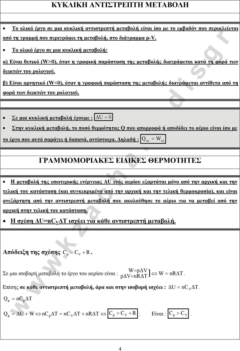 β) Είναι αρνητικό (W<0), όταν η ραφική παράσταση της μεταβολής διαράφεται αντίθετα από τη φορά των δεικτών του ρολοιού.