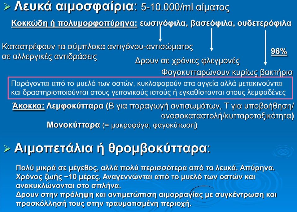 κυρίως βακτήρια Παράγονται από το μυελό των οστών, κυκλοφορούν στα αγγεία αλλά μετακινούνται και δραστηριοποιούνται στους γειτονικούς ιστούς ή εγκαθίστανται στους λεμφαδένες Άκοκκα: Λεμφοκύτταρα (Β