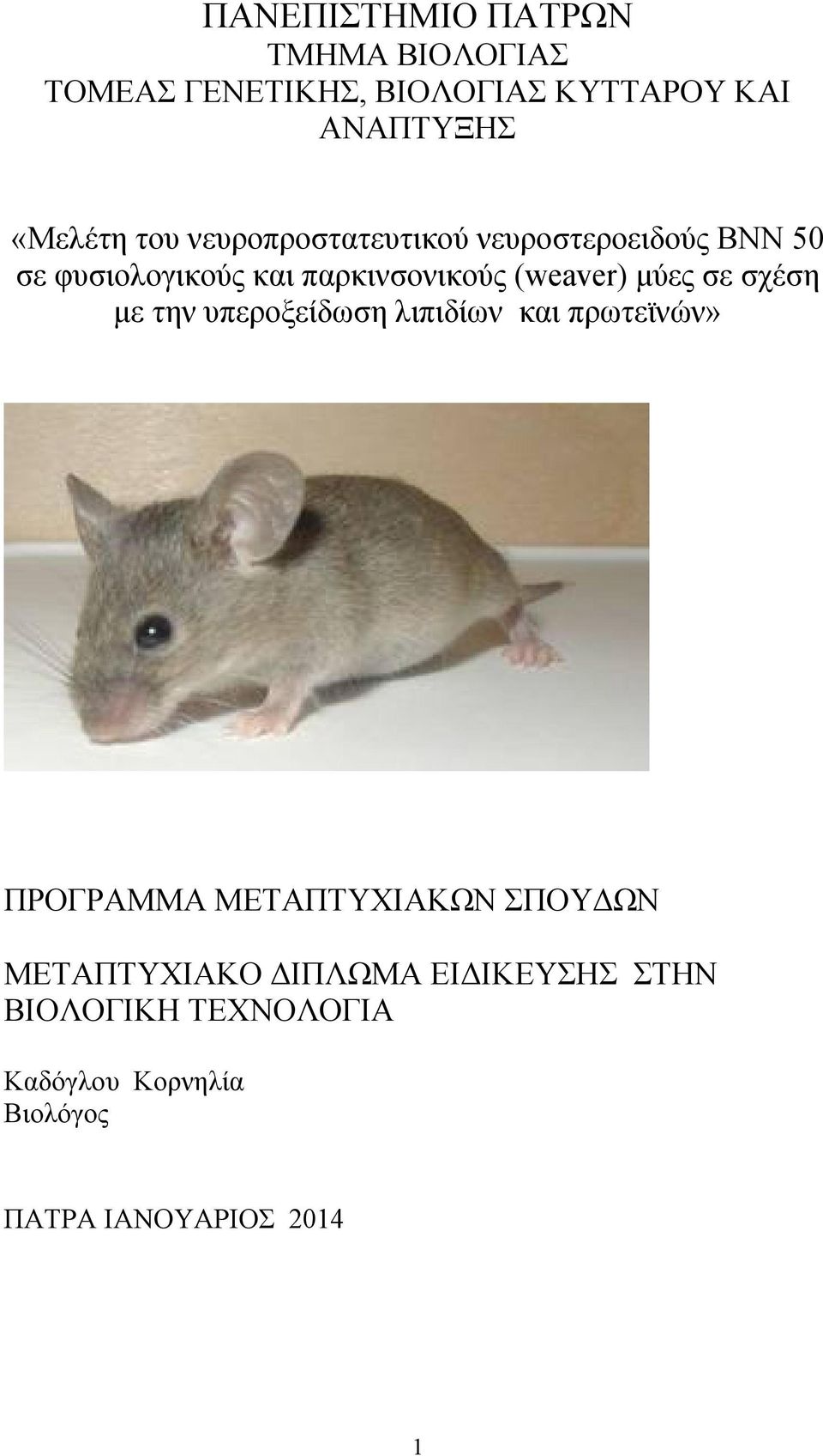 μύες σε σχέση με την υπεροξείδωση λιπιδίων και πρωτεϊνών» ΠΡΟΓΡΑΜΜΑ ΜΕΤΑΠΤΥΧΙΑΚΩΝ ΣΠΟΥΔΩΝ