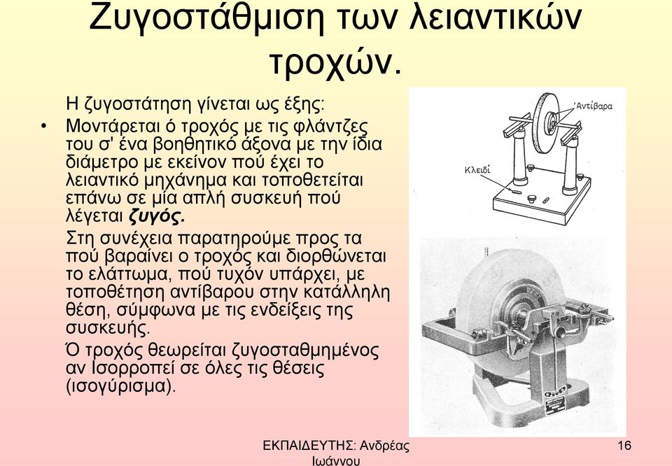 έχει το λειαντικό μηχάνημα και τοποθετείται επάνω σε μία απλή συσκευή πού λέγεται ζυγός.