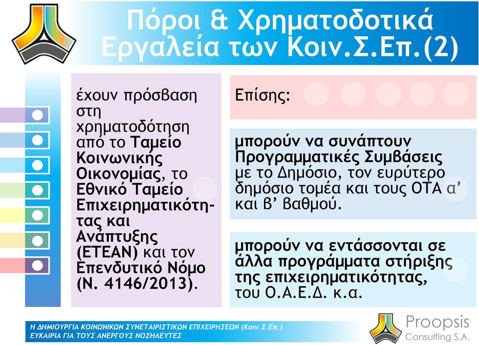 Επιχειρηματικότητας και Ανάπτυξης (ΕΤΕΑΝ) και τον Επενδυτικό Νόμο (Ν. 4146/2013).