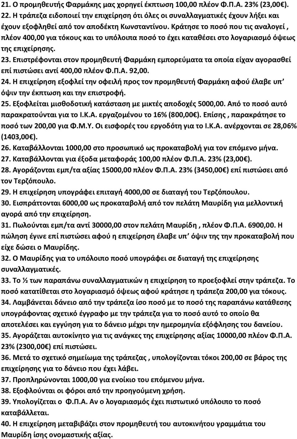 Κράτησε το ποσό που τις αναλογεί, πλέον 400,00 για τόκους και το υπόλοιπα ποσό το έχει καταθέσει στο λογαριασμό όψεως της επιχείρησης. 23.