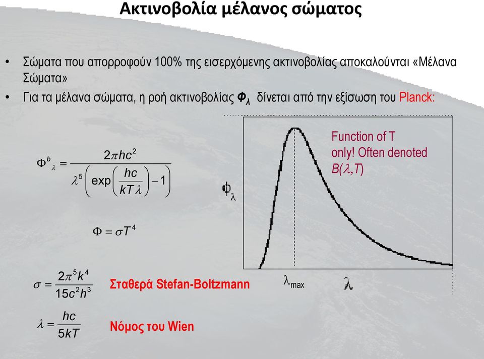 Φ λ δίνεται από την εξίσωση του Planck: b 2 hc 5 hc exp 1 kt 2 Function of T only!