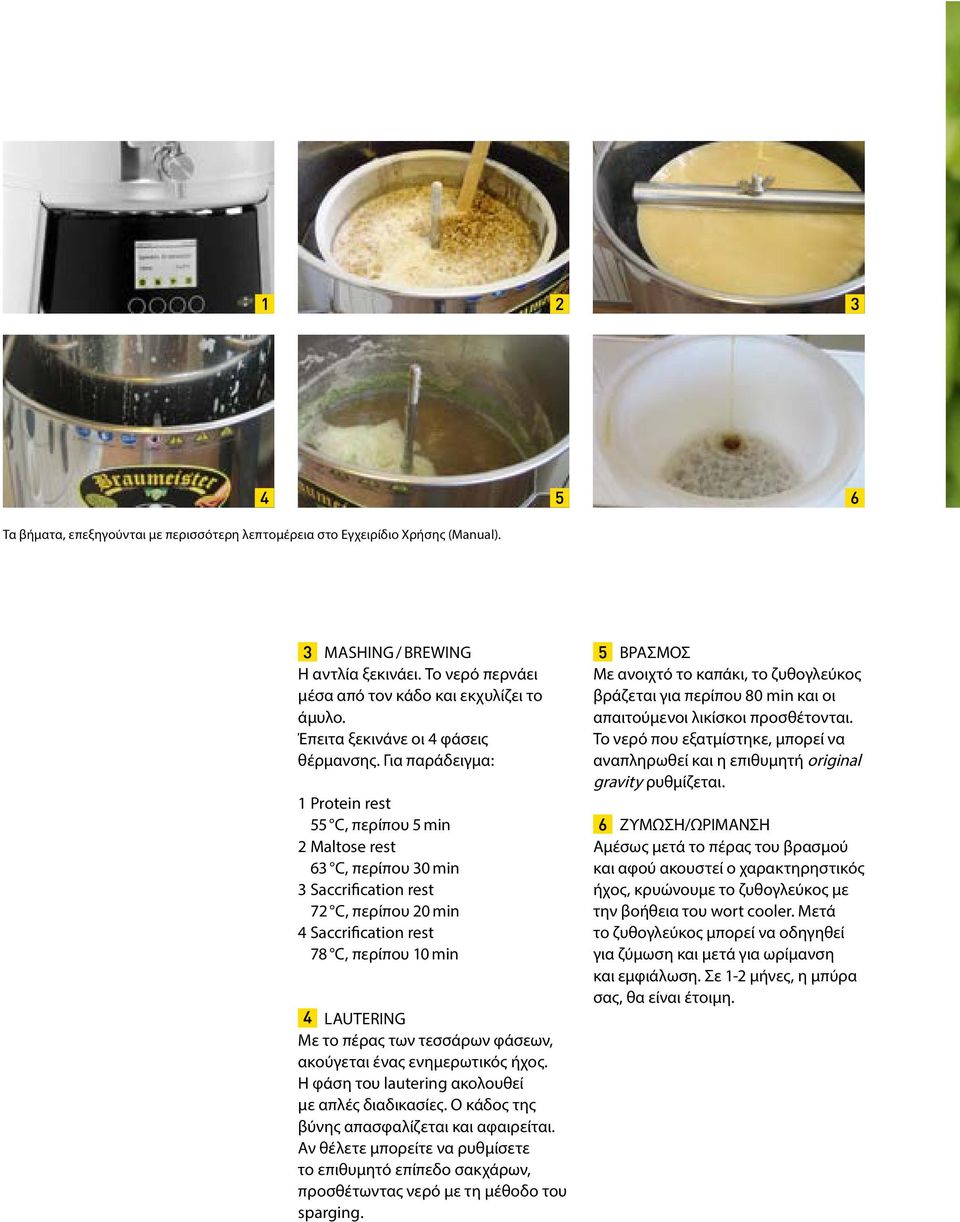 Για παράδειγμα: 1 Protein rest 55 C, περίπου 5 min 2 Maltose rest 63 C, περίπου 30 min 3 Saccrification rest 72 C, περίπου 20 min 4 Saccrification rest 78 C, περίπου 10 min LAUTERING Με το πέρας των