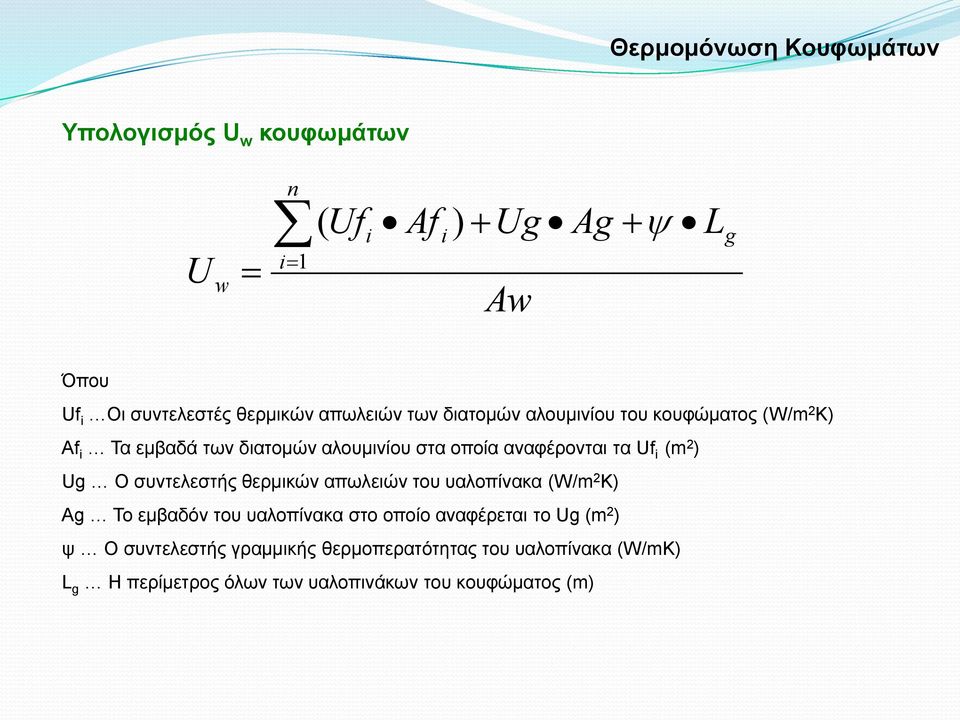 i (m 2 ) Ug Ο συντελεστής θερμικών απωλειών του υαλοπίνακα (W/m 2 K) Ag Το εμβαδόν του υαλοπίνακα στο οποίο αναφέρεται το Ug