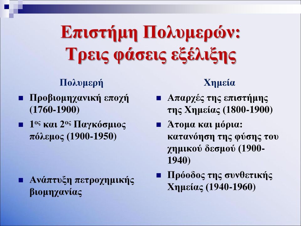 βιομηχανίας Χημεία Απαρχές της επιστήμης της Χημείας (1800-1900) Άτομα και μόρια: