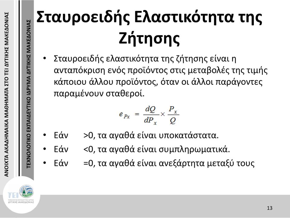 οι άλλοι παράγοντες παραμένουν σταθεροί. Εάν >0, τα αγαθά είναι υποκατάστατα.