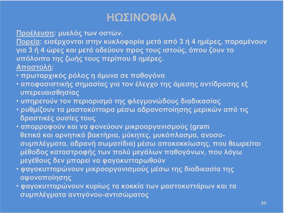 Αποστολή: πρωταρχικός ρόλος η άµυνα σε παθογόνα αποφασιστικής σηµασίας για τον έλεγχο της άµεσης αντίδρασης εξ υπερευαισθησίας υπηρετούν τον περιορισµό της φλεγµονώδους διαδικασίας ρυθµίζουν τα