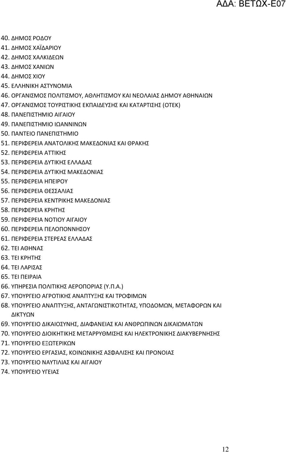 ΠΕΡΙΦΕΡΕΙΑ ΔΥΤΙΚΗΣ ΕΛΛΑΔΑΣ 54. ΠΕΡΙΦΕΡΕΙΑ ΔΥΤΙΚΗΣ ΜΑΚΕΔΟΝΙΑΣ 55. ΠΕΡΙΦΕΡΕΙΑ ΗΠΕΙΡΟΥ 56. ΠΕΡΙΦΕΡΕΙΑ ΘΕΣΣΑΛΙΑΣ 57. ΠΕΡΙΦΕΡΕΙΑ ΚΕΝΤΡΙΚΗΣ ΜΑΚΕΔΟΝΙΑΣ 58. ΠΕΡΙΦΕΡΕΙΑ ΚΡΗΤΗΣ 59. ΠΕΡΙΦΕΡΕΙΑ ΝΟΤΙΟΥ ΑΙΓΑΙΟΥ 60.