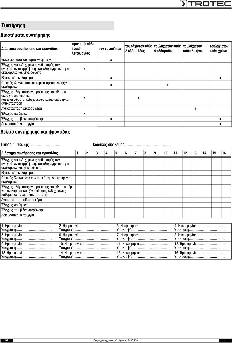 Οπτικός έλεγχος στο εσωτερικό της συσκευής για ακαθαρσίες x x Έλεγχος πλέγματος αναρρόφησης και φίλτρου αέρα για ακαθαρσίες και ξένα σώματα, ενδεχομένως καθαρισμός ή/και x x αντικατάσταση