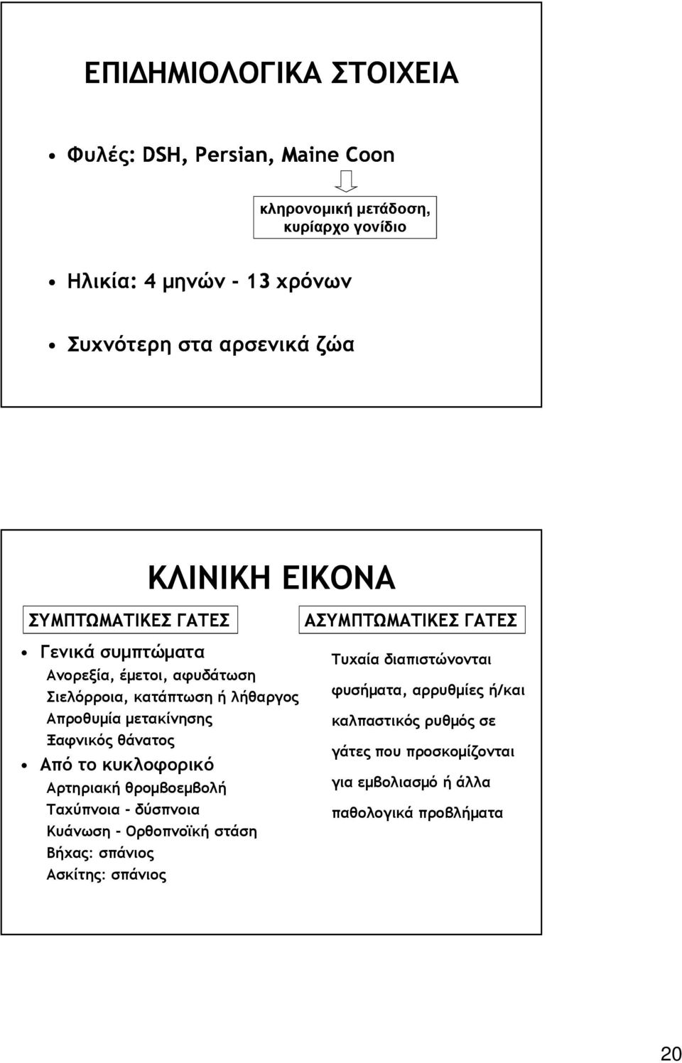 Ξαφνικός θάνατος Από το κυκλοφορικό Αρτηριακή θροµβοεµβολή Ταχύπνοια - δύσπνοια Κυάνωση - Ορθοπνοϊκή στάση Βήχας: σπάνιος Ασκίτης: σπάνιος