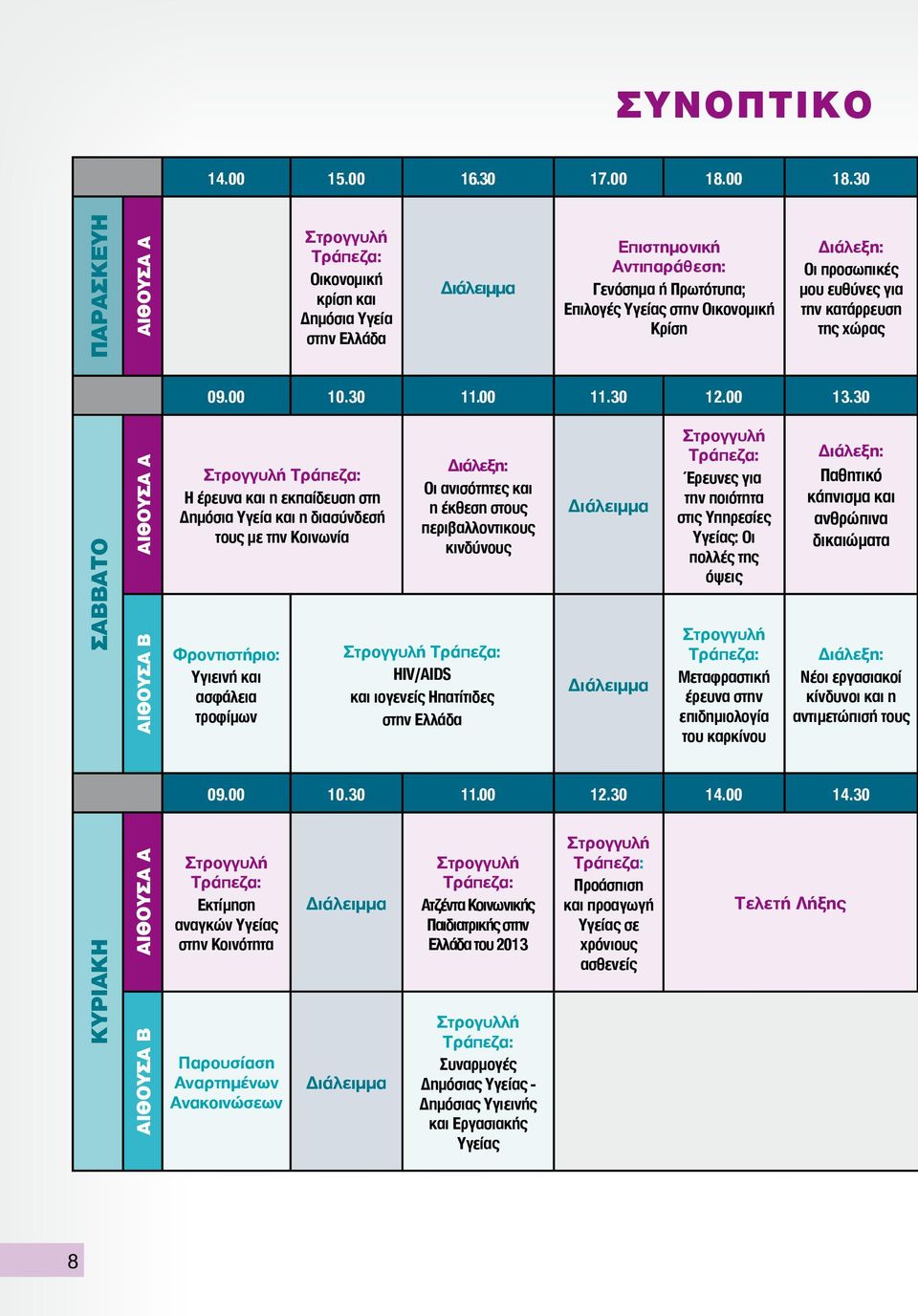 30 ΠΑΡΑΣΚΕΥΗ ΑΙΘΟΥΣΑ Α Στρογγυλή Τράπεζα: Οικονομική κρίση και Δημόσια Υγεία στην Ελλάδα Διάλειμμα Επιστημονική Αντιπαράθεση: Γενόσημα ή Πρωτότυπα; Επιλογές Υγείας στην Οικονομική Κρίση Διάλεξη: Οι