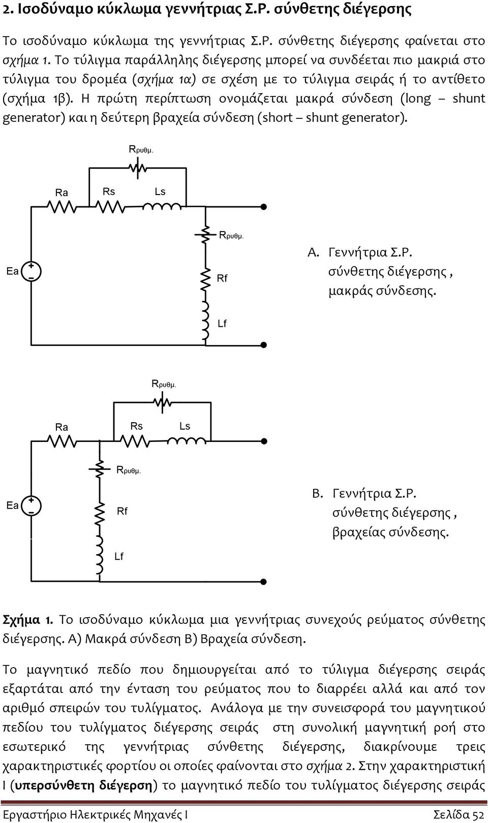 Η πρώτη περίπτωση ονομάζεται μακρά σύνδεση (long shunt generator) και η δεύτερη βραχεία σύνδεση (short shunt generator). Ra Rs Ls Ea Rf A. Γεννήτρια Σ.Ρ. σύνθετης διέγερσης, μακράς σύνδεσης.