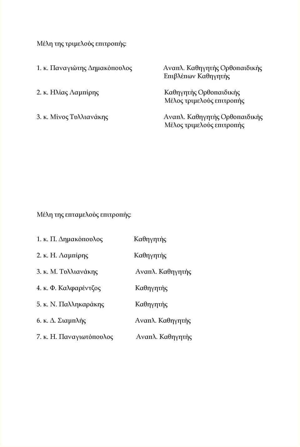 Δημακόπουλος Καθηγητής 2. κ. Η. Λαμπίρης Καθηγητής 3. κ. Μ. Τυλλιανάκης Αναπλ. Καθηγητής 4. κ. Φ. Καλφαρέντζος Καθηγητής 5. κ. Ν.