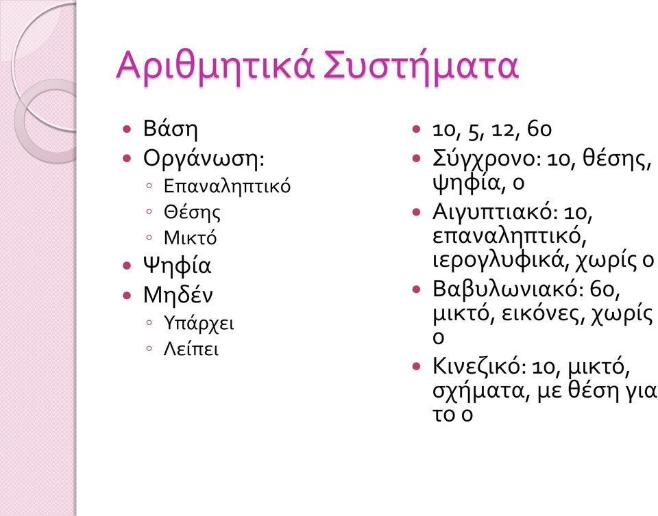 Αιγυπτιακό: 10, επαναληπτικό, ιερογλυφικά, χωρίς 0 Βαβυλωνιακό: 60,