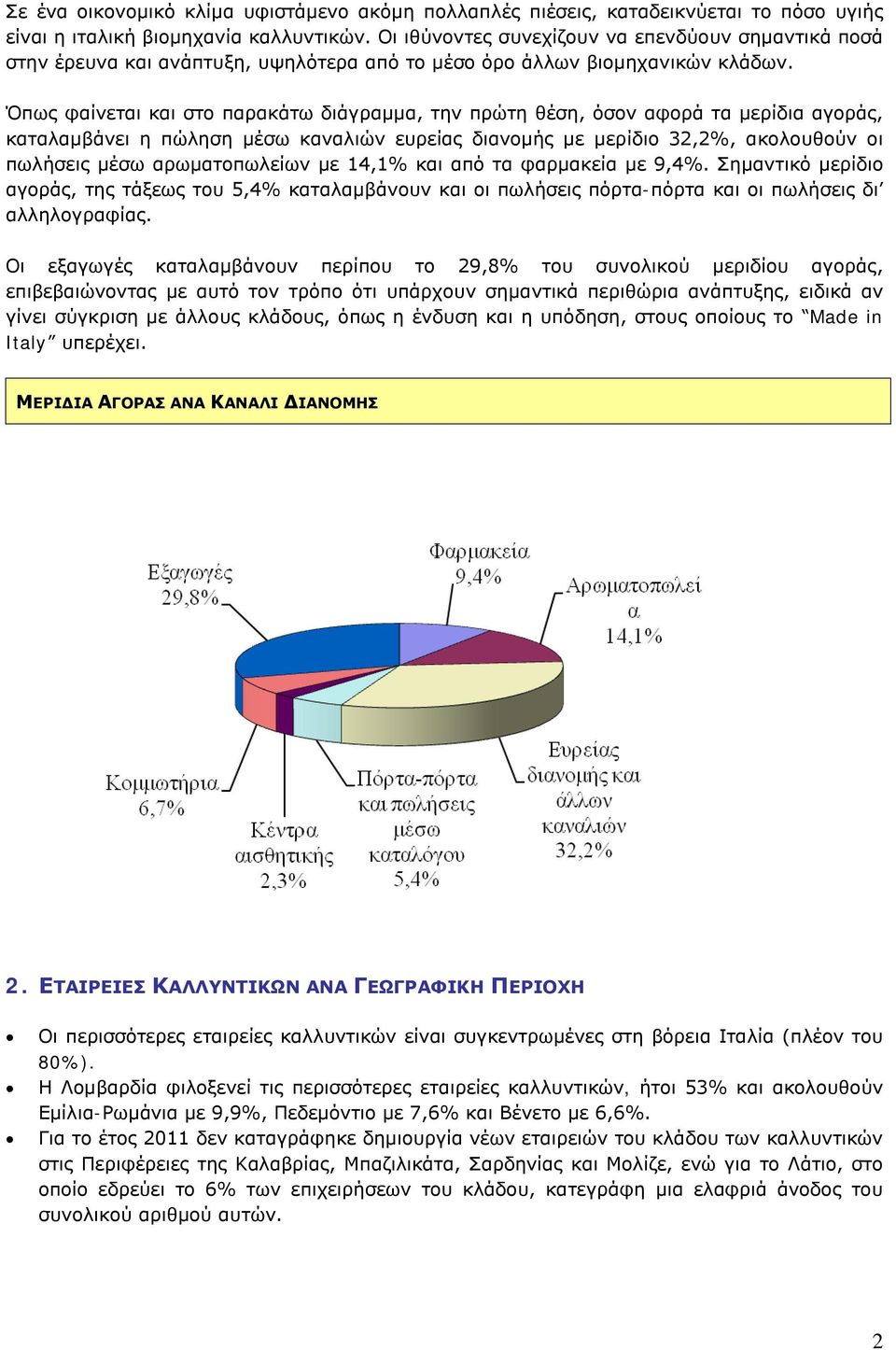 Όπως φαίνεται και στο παρακάτω διάγραμμα, την πρώτη θέση, όσον αφορά τα μερίδια αγοράς, καταλαμβάνει η πώληση μέσω καναλιών ευρείας διανομής με μερίδιο 32,2%, ακολουθούν οι πωλήσεις μέσω