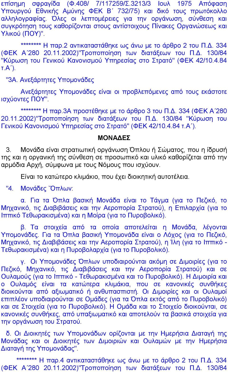 334 (ΦΕΚ Α 280 20.11.2002)"Τροποποίηση των διατάξεων του Π.Δ. 130/84 "Κύρωση του Γενικού Κανονισμού Υπηρεσίας στο Στρατό" (ΦΕΚ 42/10.4.84 τ.α ). "3Α.