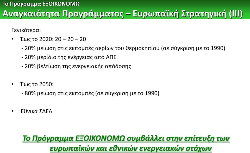 20% βελτίωση της ενεργειακής απόδοσης Έως το 2050: - 80% μείωση στις εκπομπές (σε σύγκριση με το