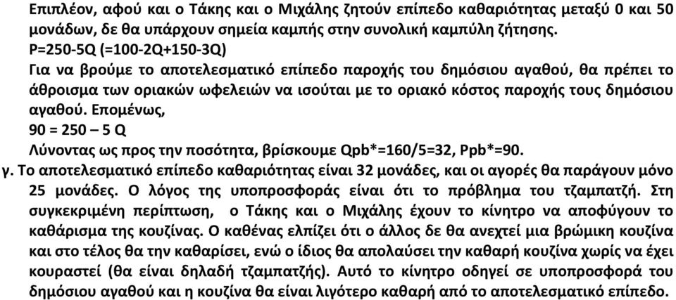 Επομένως, 90 = 250 5 Q Λύνοντας ως προς την ποσότητα, βρίσκουμε Qpb*=160/5=32, Ppb*=90. γ. Το αποτελεσματικό επίπεδο καθαριότητας είναι 32 μονάδες, και οι αγορές θα παράγουν μόνο 25 μονάδες.