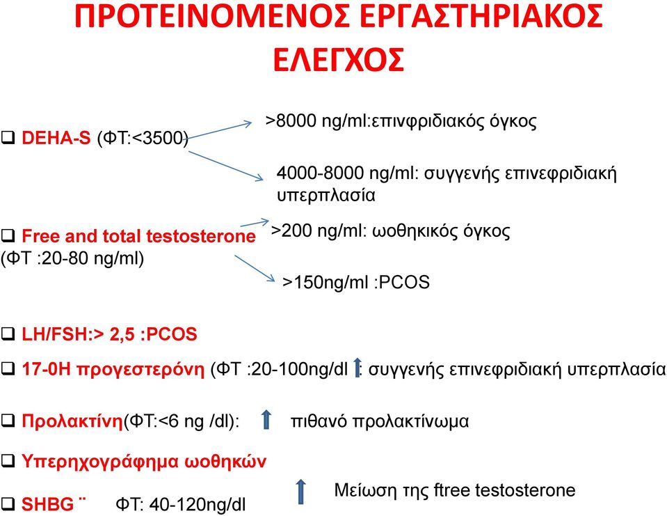 >150ng/ml :PCOS LH/FSH:> 2,5 :PCOS 17-0H προγεστερόνη (ΦΤ :20-100ng/dl : συγγενής επινεφριδιακή υπερπλασία