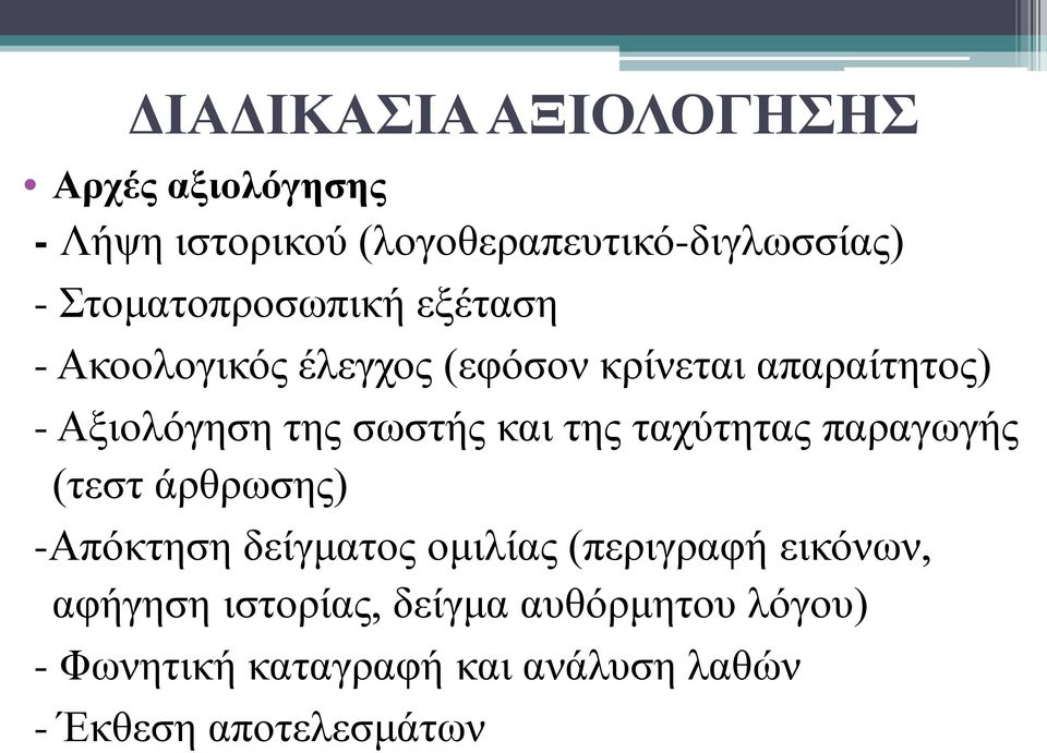 σωστής και της ταχύτητας παραγωγής (τεστ άρθρωσης) -Απόκτηση δείγματος ομιλίας (περιγραφή