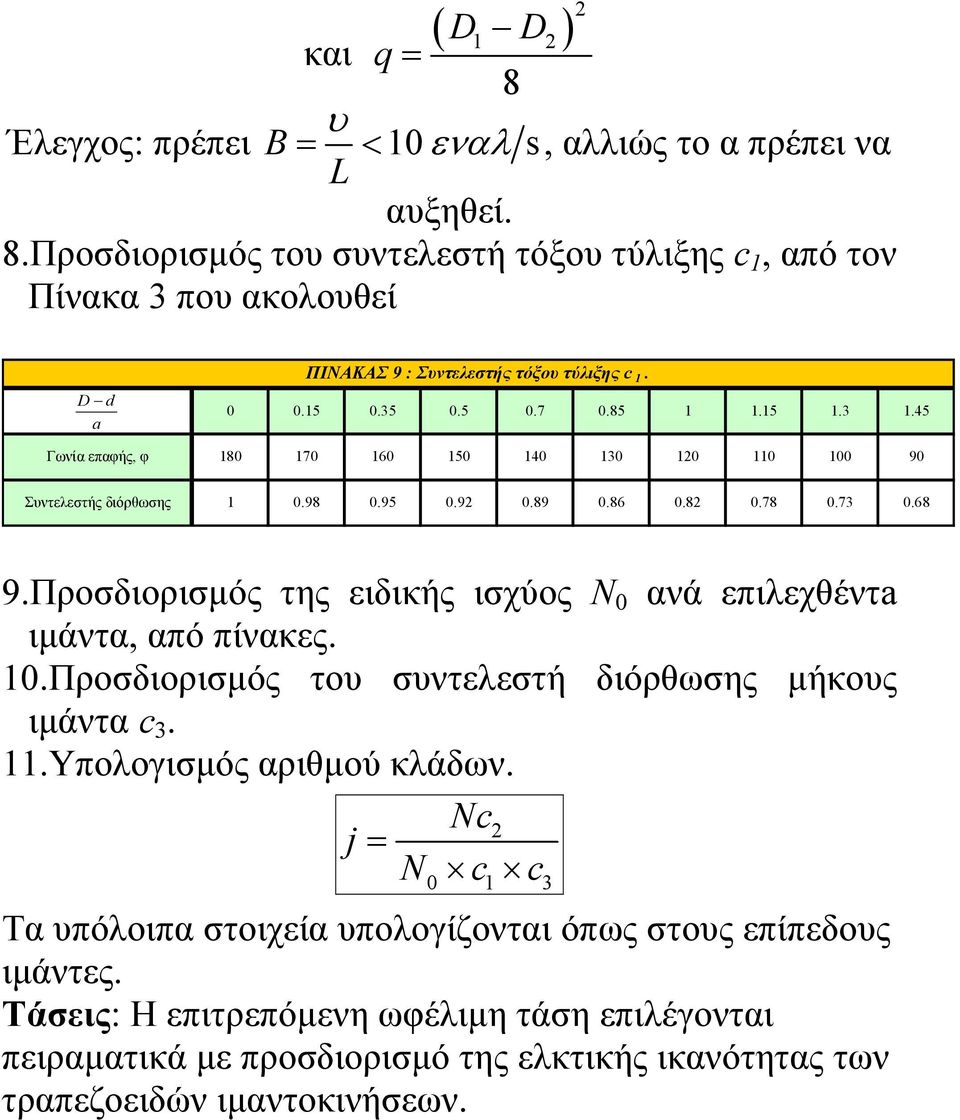 Προσδιορισμός της ειδικής ισχύος N 0 ανά επιλεχθέντa ιμάντα, από πίνακες. 10.Προσδιορισμός του συντελεστή διόρθωσης μήκους ιμάντα c 3. 11.Υπολογισμός αριθμού κλάδων.