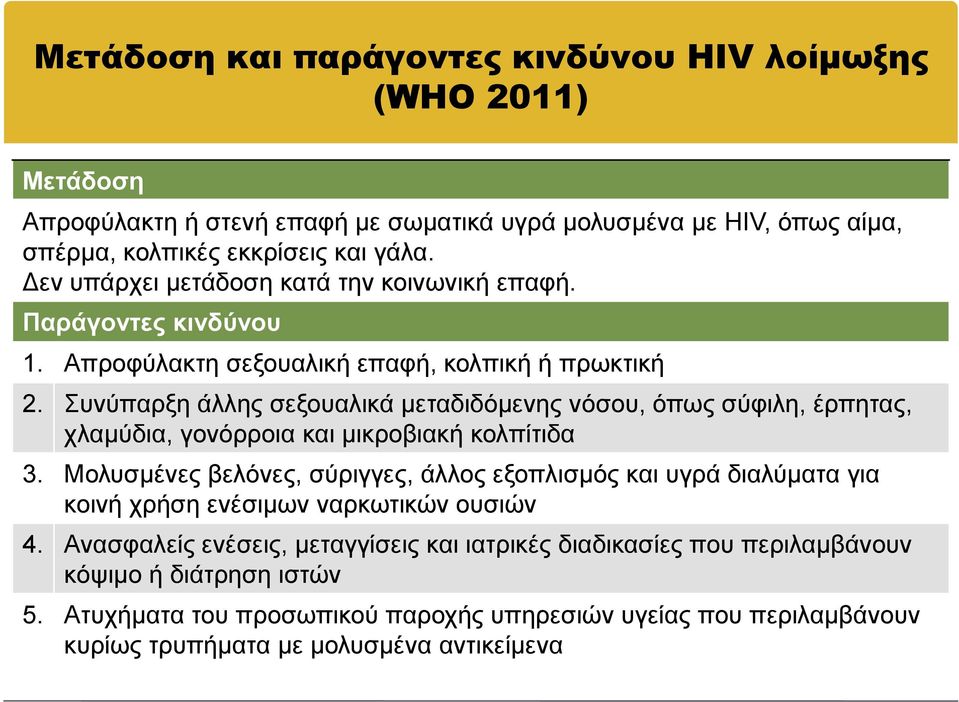 Συνύπαρξη άλλης σεξουαλικά μεταδιδόμενης νόσου, όπως σύφιλη, έρπητας, χλαμύδια, γονόρροια και μικροβιακή κολπίτιδα 3.