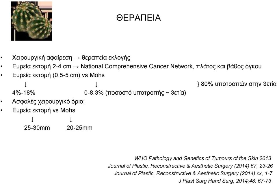 3% (ποσοστό υποτροπής ~ 3ετία) Ασφαλές χειρουργικό όριο; Ευρεία εκτομή vs Mohs 25-30mm 20-25mm WHO Pathology and Genetics of Tumours