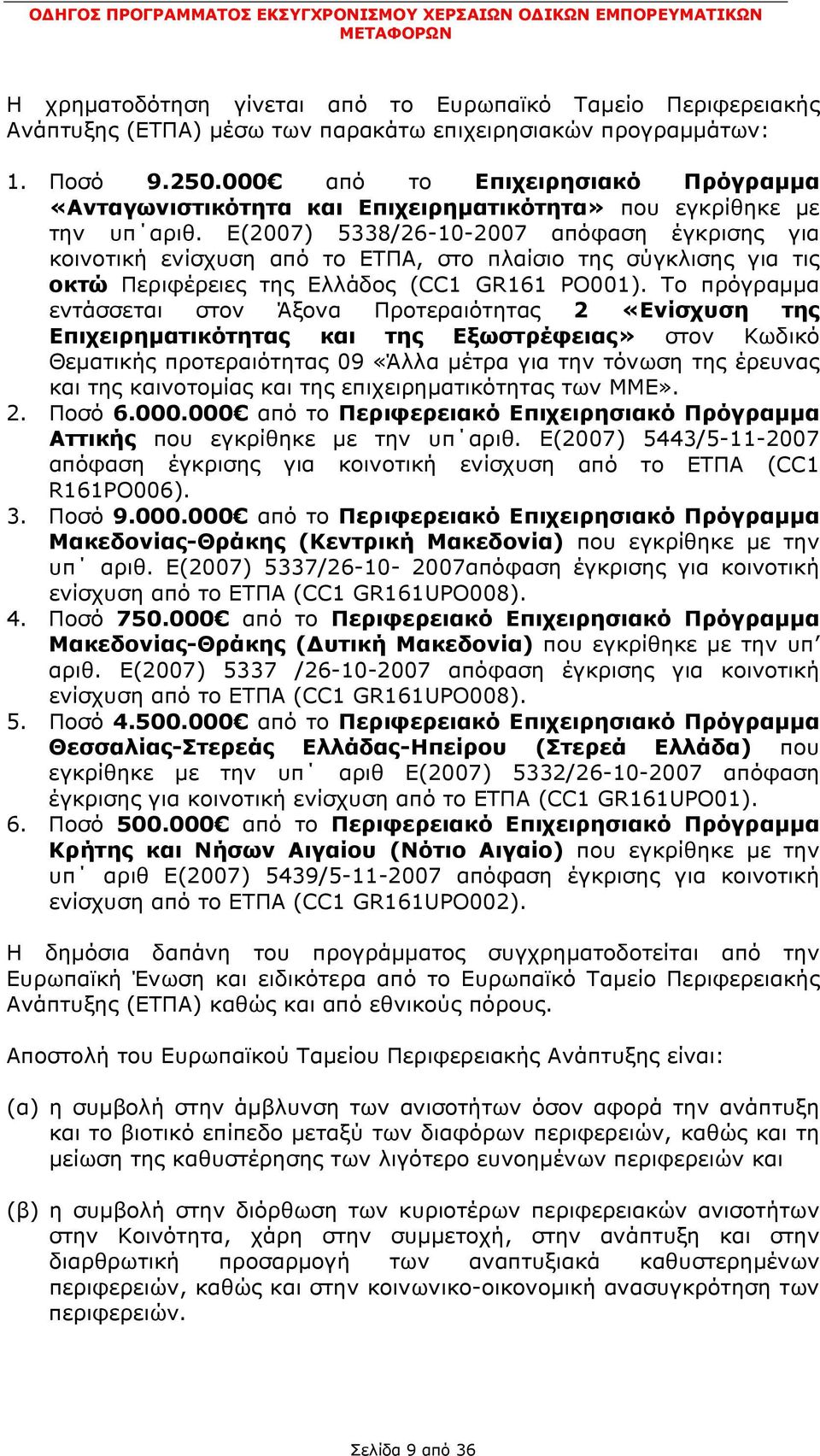 Ε(2007) 5338/26-10-2007 απόφαση έγκρισης για κοινοτική ενίσχυση από το ΕΤΠΑ, στο πλαίσιο της σύγκλισης για τις οκτώ Περιφέρειες της Ελλάδος (CC1 GR161 PO001).