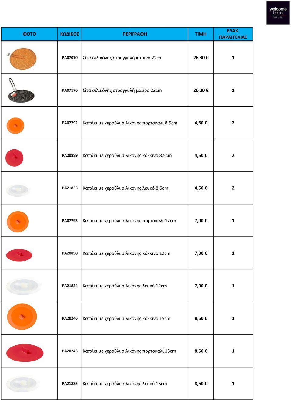σιλικόνης πορτοκαλί 12cm 7,00 1 PA20890 Καπάκι με χερούλι σιλικόνης κόκκινο 12cm 7,00 1 PA21834 Καπάκι με χερούλι σιλικόνης λευκό 12cm 7,00 1 PA20246