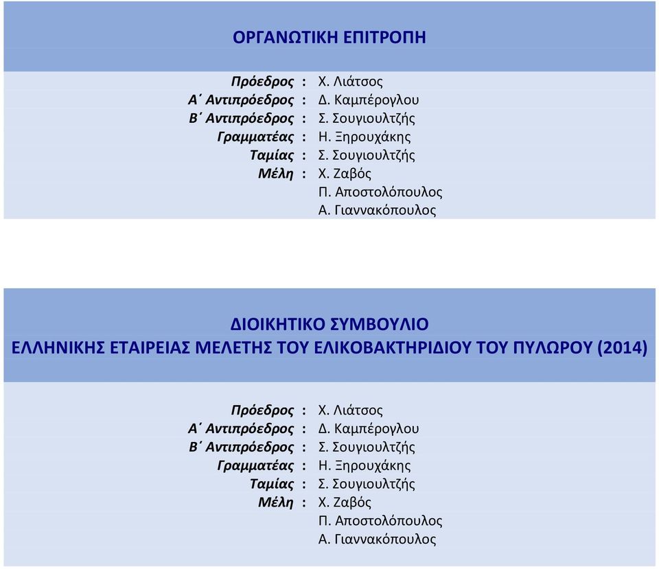 Γιαννακόπουλος ΔΙΟΙΚΗΤΙΚΟ ΣΥΜΒΟΥΛΙΟ ΕΛΛΗΝΙΚΗΣ ΕΤΑΙΡΕΙΑΣ ΜΕΛΕΤΗΣ ΤΟΥ ΕΛΙΚΟΒΑΚΤΗΡΙΔΙΟΥ ΤΟΥ ΠΥΛΩΡΟΥ (2014) Πρόεδρος : Χ.