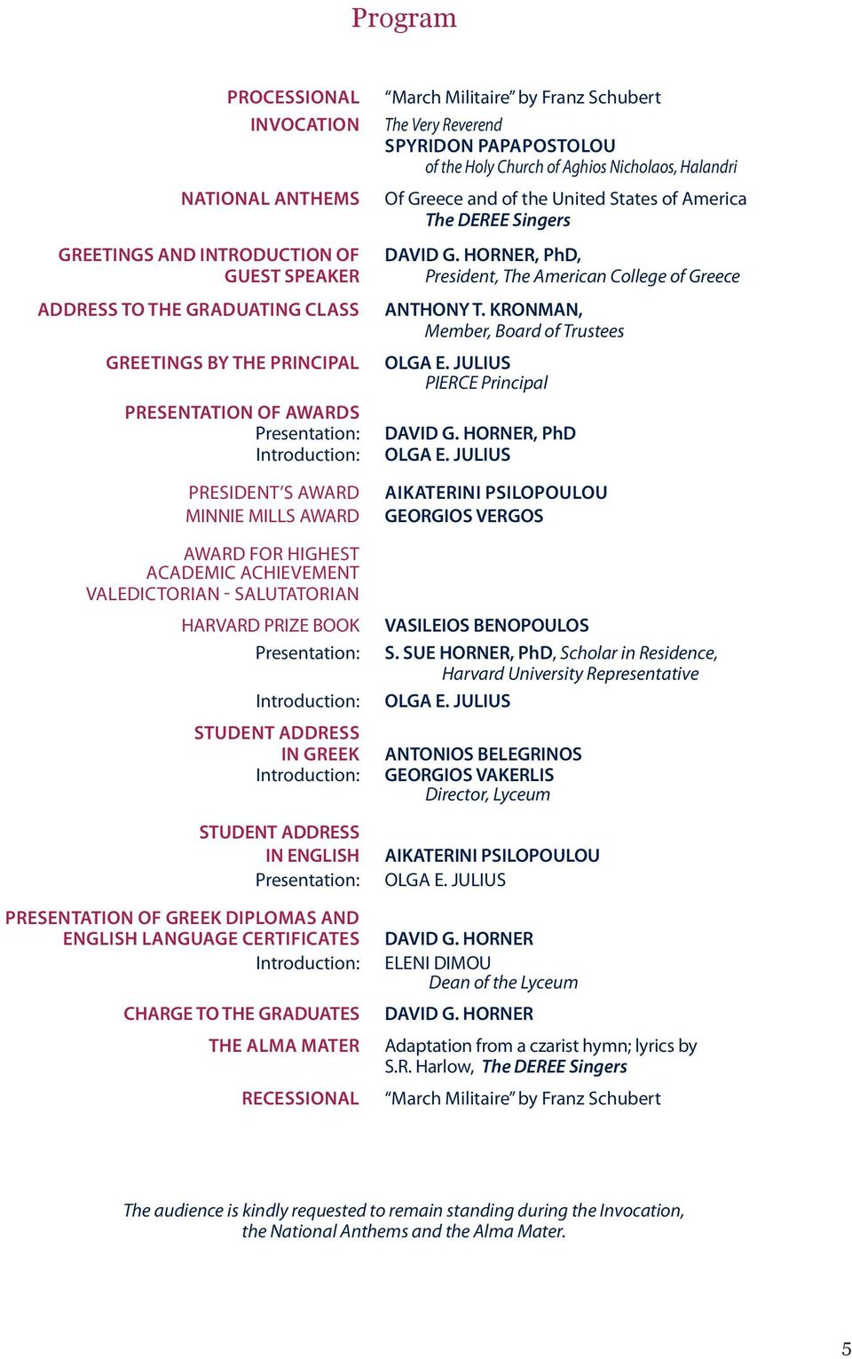 Introduction: STUDENT ADDRESS IN ENGLISH Presentation: PRESENTATION OF GREEK DIPLOMAS AND ENGLISH LANGUAGE CERTIFICATES Introduction: CHARGE TO THE GRADUATES THE ALMA MATER recessional March