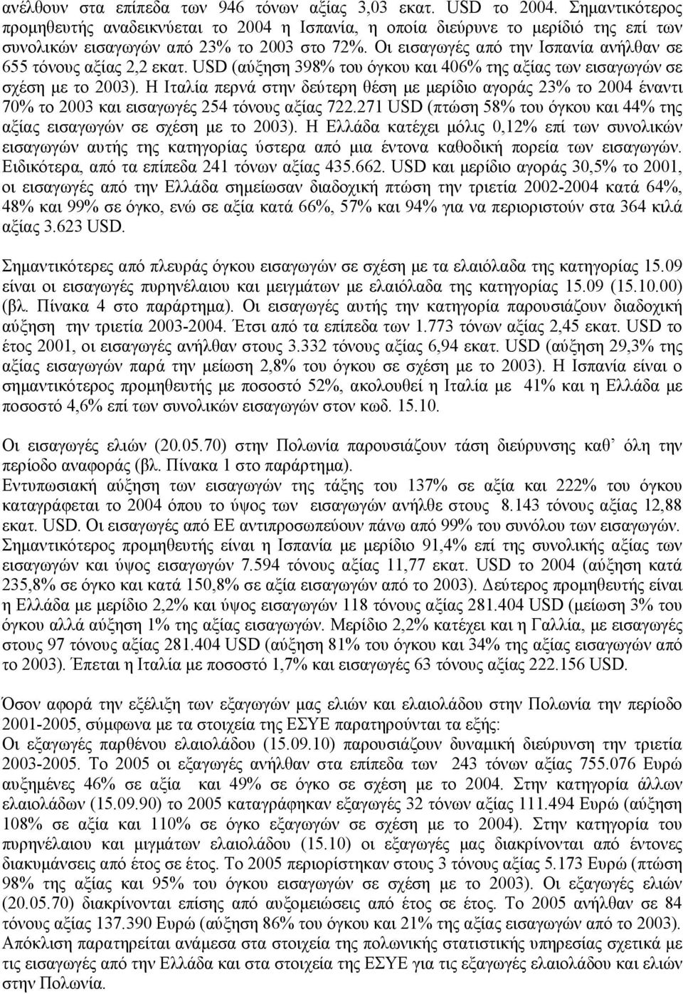 Οι εισαγωγές από την Ισπανία ανήλθαν σε 655 τόνους αξίας 2,2 εκατ. USD (αύξηση 398% του όγκου και 406% της αξίας των εισαγωγών σε σχέση µε το 2003).